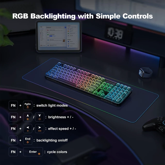 Alt view image 13 of 14 - Computer Backlit Keyboard Black Crystal - Full-Size Bluetooth Wireless Rechargeable Transparent Keycap Portable Keyboards Compatible with Windows, Laptop, PC, Desktop