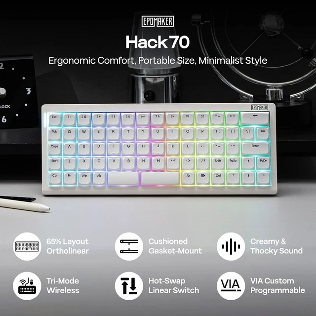 Alt view image 9 of 14 - Hack70 Planck Mechanical Keyboard with VIA Custom, 2.4Ghz/BT/Wired, Gasket, Hot-Swap, RGB, Dye-Sub PBT Keycap, 65% Ortholinear Layout Wireless Gaming Keyboard for Mac/Win