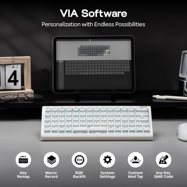Alt view image 13 of 14 - Hack70 Planck Mechanical Keyboard with VIA Custom, 2.4Ghz/BT/Wired, Gasket, Hot-Swap, RGB, Dye-Sub PBT Keycap, 65% Ortholinear Layout Wireless Gaming Keyboard for Mac/Win