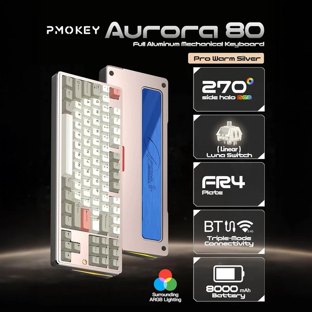 Alt view image 7 of 8 - PMOKEY Aurora 80 CNC Full Aluminum Wireless Mechanical Keyboard with VIA/QMK, 8000mah Battery, Tri-Mode Wireless Gaming Keyboard Custom Hot Swappable RGB Backlit for Windows/Mac/PC (Pro Warm Silver)