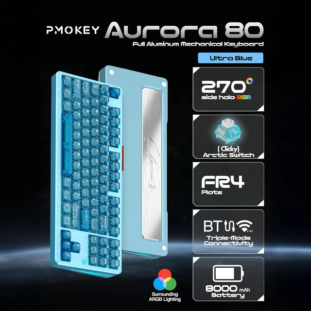 Alt view image 11 of 14 - PMOKEY Aurora 80 CNC Full Aluminum Wireless Mechanical Keyboard with VIA/QMK, 8000mah Battery, Arctic Tactile Switch, Tri-Mode Gaming Keyboard Hot Swappable RGB Backlit for Windows/Mac/PC (Ultra Blue)