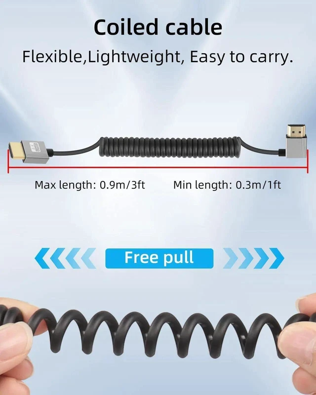 Alt view image 4 of 7 - 2.2FT 90 Degree Left Angle Coiled HDMI Cable, HDMI 2.0 Spring Spiral Short HDMI to HDMI Cord 18Gbps 4K@120Hz Compatible with Camera TV Capture Card Tablet