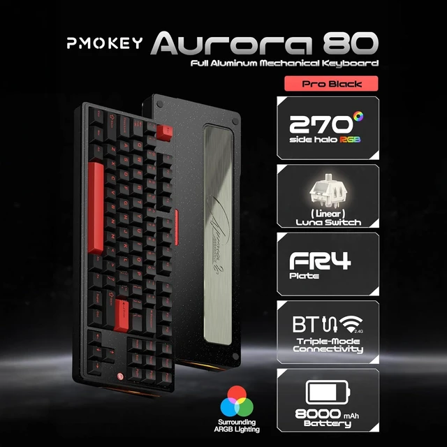 Alt view image 7 of 8 - PMOKEY Aurora 80 CNC Full Aluminum Wireless Mechanical Keyboard with VIA/QMK, 8000mah Battery, Tri-Mode Wireless Gaming Keyboard Custom Hot Swappable RGB Backlit for Windows/Mac/PC (Pro Black)