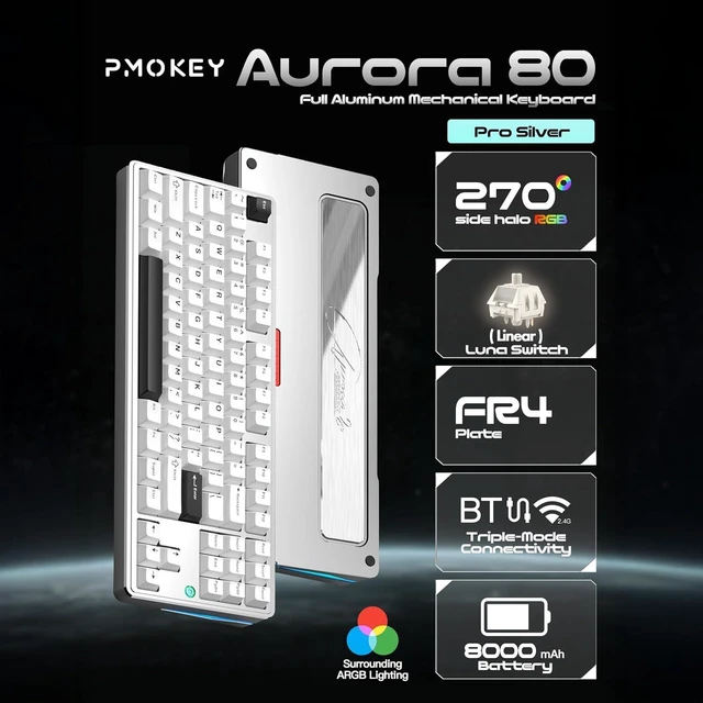 Alt view image 10 of 14 - PMOKEY Aurora 80 CNC Full Aluminum Wireless Mechanical Keyboard with VIA/QMK, 8000mah Battery, Tri-Mode Wireless Gaming Keyboard Custom Hot Swappable RGB Backlit for Windows/Mac/PC (Pro Silver)