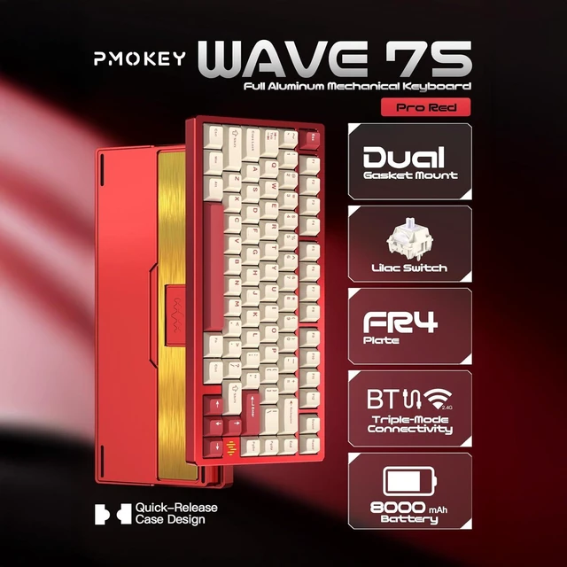 Alt view image 10 of 14 - PMOKEY Wave 75 CNC Aluminum Quick Release Tri-Mode Wireless Gaming Keyboard,QMK/VIA Tri-Mode Mechanical Keyboard with 8000mAh Battery,Hot-Swappable with RGB for Windows/Mac/PC (Pro Red)