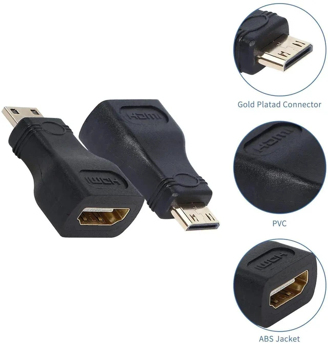 Alt view image 2 of 6 - 2 Pack Gold Plated Mini HDMI Male to Standard HDMI Female Adapter, 4K 3D 1080P Full HD Connector Compatible with Camera Tablet Video Card