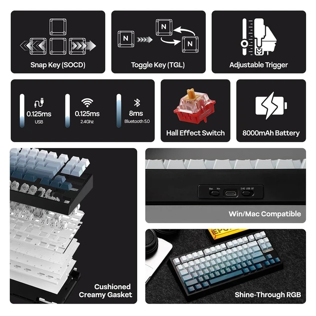 Alt view image 10 of 14 - G84 HE Wireless Hall Effect Keyboard+Click Gaming Mouse Wireless 2.4Ghz/Bluetooth/Type-C