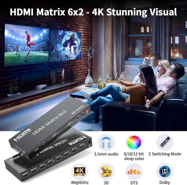 Alt view image 2 of 7 - 6x2 HDMI 2.0 Matrix Switch Splitter, 6 In 2 Out HDMI Matrix Switcher Support 4K@60Hz 18Gbps UHD HDR HDCP 2.2, Built-in Optical SPDIF 3.5mm Audio Extractor, EDID Management with Remote Control