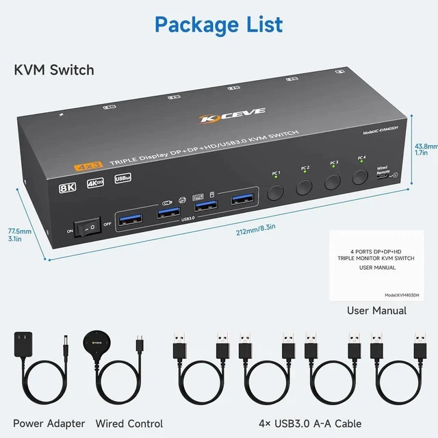 Alt view image 3 of 7 - 4 Port Triple Monitor KVM Switch 8K@60Hz 4K@144Hz, HDMI + 2 DisplayPort KVM Switcher for 4 Computers, Share 3 Displays & 4 USB3.0 Ports, Support Extended & Mirror Display Mode