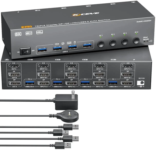 Main image of 4 Port Triple Monitor KVM Switch 8K@60Hz 4K@144Hz, HDMI + 2 DisplayPort KVM Switcher for 4 Computers, Share 3 Displays & 4 USB3.0 Ports, Support Extended & Mirror Display Mode