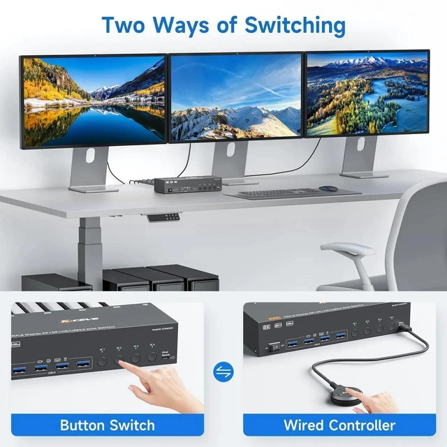Alt view image 5 of 7 - 4 Port Triple Monitor KVM Switch 8K@60Hz 4K@144Hz, HDMI + 2 DisplayPort KVM Switcher for 4 Computers, Share 3 Displays & 4 USB3.0 Ports, Support Extended & Mirror Display Mode