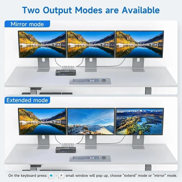 Alt view image 6 of 7 - 4 Port Triple Monitor KVM Switch 8K@60Hz 4K@144Hz, HDMI + 2 DisplayPort KVM Switcher for 4 Computers, Share 3 Displays & 4 USB3.0 Ports, Support Extended & Mirror Display Mode