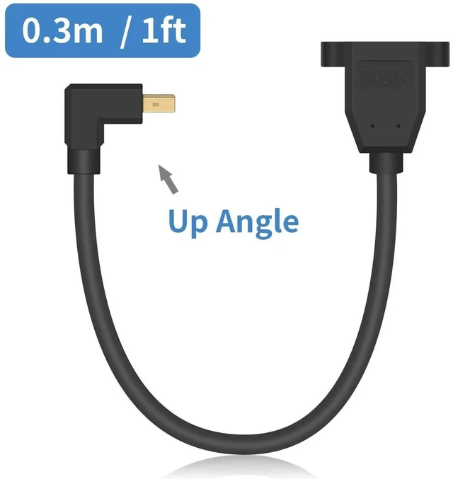 Alt view image 2 of 7 - Mini DP to DP 1.4 Cable, 8K@60Hz Extreme Thin Up Angle Mini Displayport Male to Displayport Female Extension Cable with Screw Panel Mount Support Bi-Directional Transmission. 1Ft/30cm