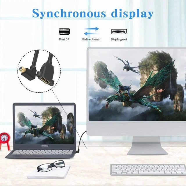 Alt view image 3 of 7 - Mini DP to DP 1.4 Cable, 8K@60Hz Extreme Thin Up Angle Mini Displayport Male to Displayport Female Extension Cable with Screw Panel Mount Support Bi-Directional Transmission. 1Ft/30cm