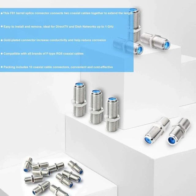 Alt view image 3 of 6 - 10 Pack F81 F-Type Coaxial Extension Connector, 3GHz RG6 Cable Straight Adapter Silver for CATV Satellite TV Broadband