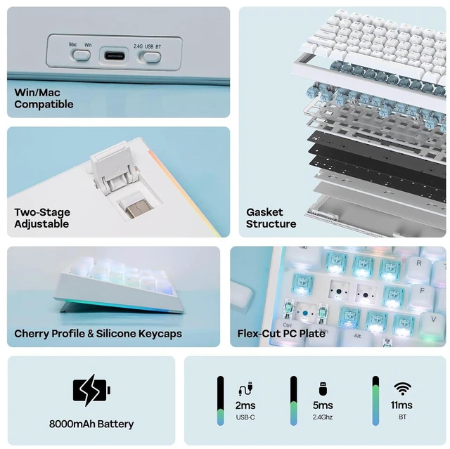 Alt view image 10 of 14 - G84 PRO Wireless Gaming Keyboard with Screen&Knob+Lusterfly Jelly Keycaps Set - 123 Keys Double-Shot Laser Engraved