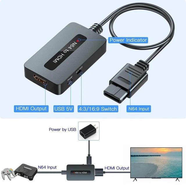 Alt view image 2 of 7 - N64 to HDMI Converter with 4:3/16:9 Aspect Ratio Switch, Nintendo 64 HDMI Adapter Cable Compatible with N64, Super SNES and NGC Game Consoles