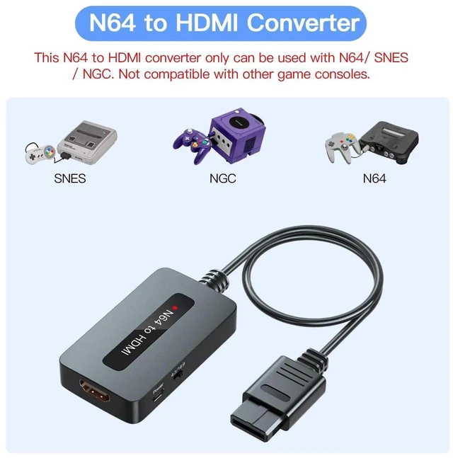 Alt view image 7 of 7 - N64 to HDMI Converter with 4:3/16:9 Aspect Ratio Switch, Nintendo 64 HDMI Adapter Cable Compatible with N64, Super SNES and NGC Game Consoles