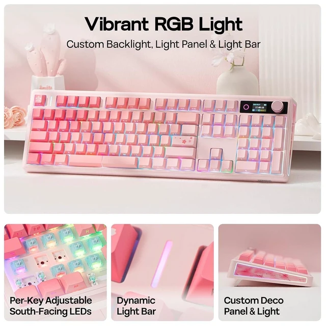 Alt view image 11 of 14 - TH108 V2 PRO Full Size Mechanical Keyboard with Screen&Knob, 10000mAh, BT/2.4Ghz, Mac Modifier PBT Keycap, Hot Swap, RGB, Gasket, Wireless Gaming Keyboard for Mac/PC (Pink, Sea Salt Silent)