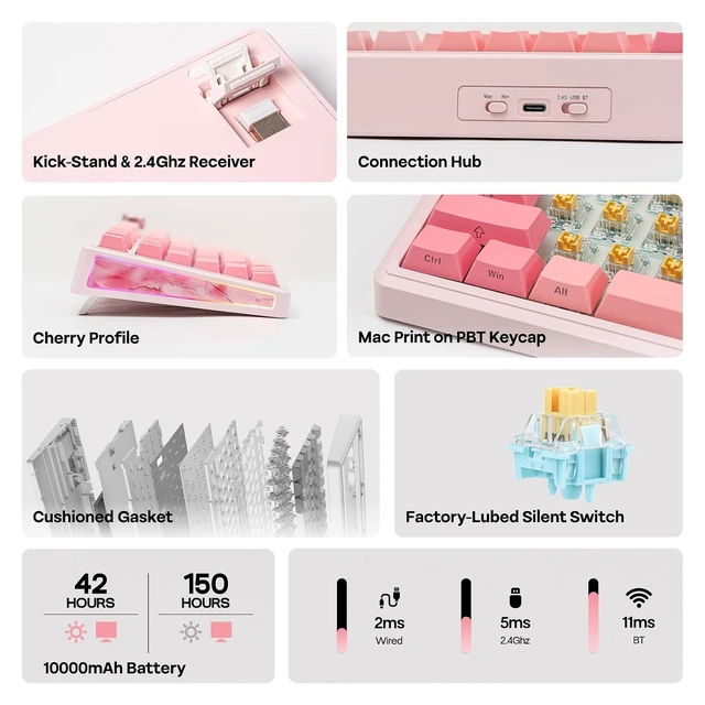 Alt view image 9 of 14 - TH80 V2 PRO Wireless Gaming Keyboard with Screen&Knob, 10000mAh, 2.4Ghz/BT/USB-C, RGB, Hot Swap, Custom Driver, NKRO, PBT Keycap, Mechanical Keyboard for PC/Mac (Pink, Sea Salt Silent)