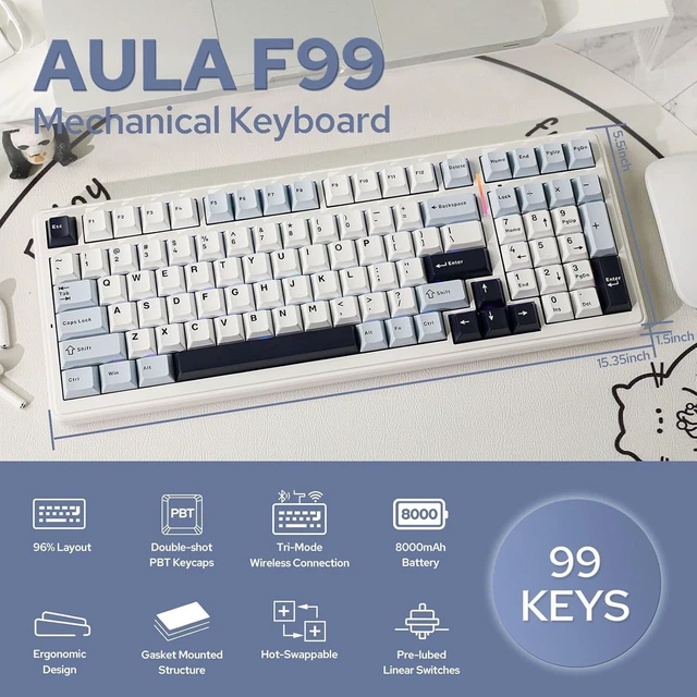 Alt view image 9 of 14 - x Aula F99 Wireless Mechanical Keyboard+Mix Cable with Detachable Aviator Connector