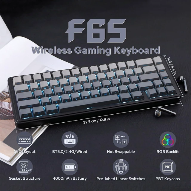 Alt view image 9 of 14 - x Aula F65 65% Wireless Hot-Swappable Gasket Mechanical Keyboard | 5-Layer Sound Dampening Padding for Rich Thocky Sound, RGB Backlit, Tri-Mode(BT 5.0/2.4G/USB-C) (Black, Reaper Switch)