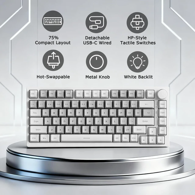 Alt view image 11 of 14 - AK820 Wired 75% Mechanical Keyboard, HP-Style Tactile, Hot-Swappable | 81key PBT keycaps, White Backlit 20 modes, Metal Volume Knob, USB-C, Gasket Mount, 5-layer Foam, Dual Drivers Options, PC/Mac