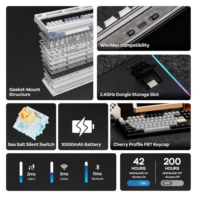 Alt view image 9 of 14 - TH108 PRO Full Size Mechanical Keyboard with Screen & Knob+Click Lite Wireless Gaming Mouse