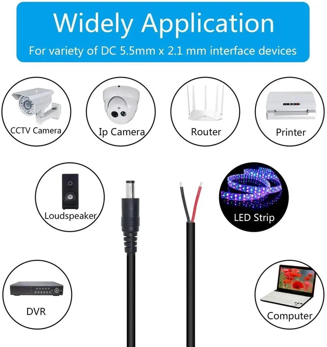Alt view image 2 of 7 - 2Pcs 1M 18AWG DC 5.5x2.1mm Male to Bare Wire Power Pigtail Cable, 12V Open End DC Barrel Cord for Power Supply Repair Replacement
