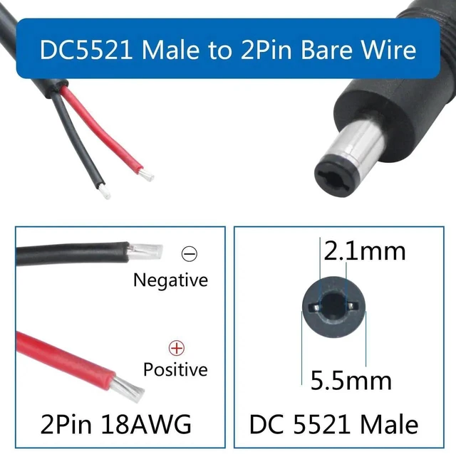 Alt view image 5 of 7 - 2Pcs 1M 18AWG DC 5.5x2.1mm Male to Bare Wire Power Pigtail Cable, 12V Open End DC Barrel Cord for Power Supply Repair Replacement