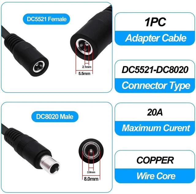 Alt view image 7 of 7 - 14.5CM DC5521 Female to DC8020 Male Adapter Cable, 5.5x2.1mm to 8.0x2.0mm DC Power Converter Cord for Solar Panel Portable Power Station