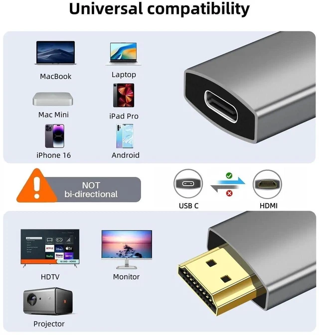 Alt view image 2 of 7 - 1 Pack USB C Female to HDMI Male Adapter, 4K@60Hz Uni-Directional Type C Source to HDMI 2.0 Converter, Thunderbolt 3/4 Compatible for MacBook Pro/Air, Galaxy, Surface, iPhone 17 Series