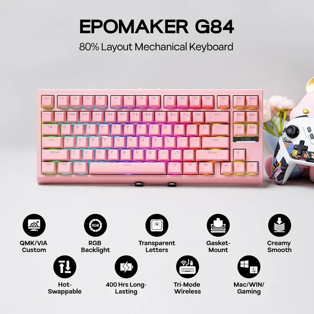 Alt view image 9 of 14 - G84 80% RGB Gaming Mechanical Keyboard, 2.4GHz/ Type-C/BT Wireless Keyboard, QMK/VIA Programmable, Hot-Swappable, NKRO, with Shine Through PBT Keycaps for Gamers (Pink, Creamy Jade Switch)