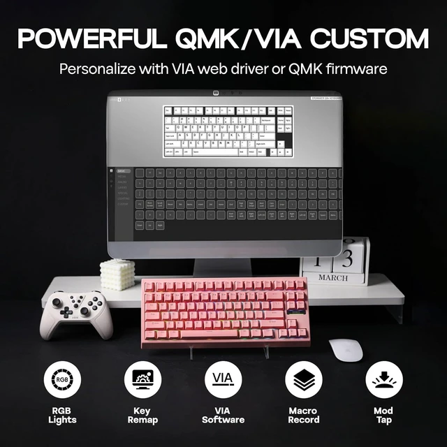 Alt view image 10 of 14 - G84 80% RGB Gaming Mechanical Keyboard, 2.4GHz/ Type-C/BT Wireless Keyboard, QMK/VIA Programmable, Hot-Swappable, NKRO, with Shine Through PBT Keycaps for Gamers (Pink, Creamy Jade Switch)