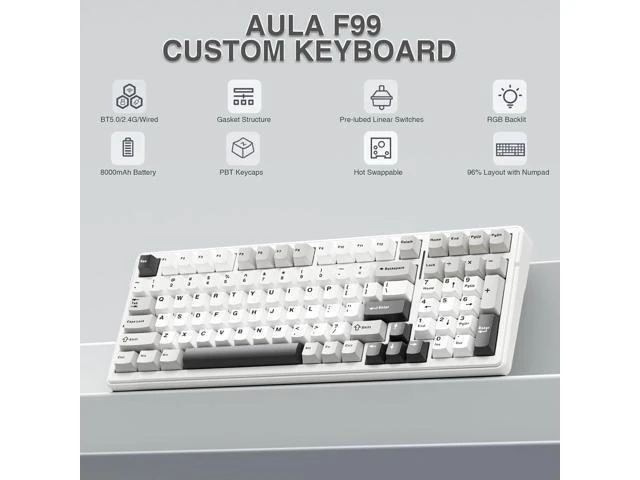 Alt view image 2 of 7 - AULA F99 Wireless Mechanical Keyboard,Tri-Mode BT5.0/2.4GHz/USB-C Hot Swappable Custom Keyboard,Pre-lubed Linear Switches,Gasket Structure,RGB Backlit Gaming Keyboard for PC/Tablet/PS/XBOX