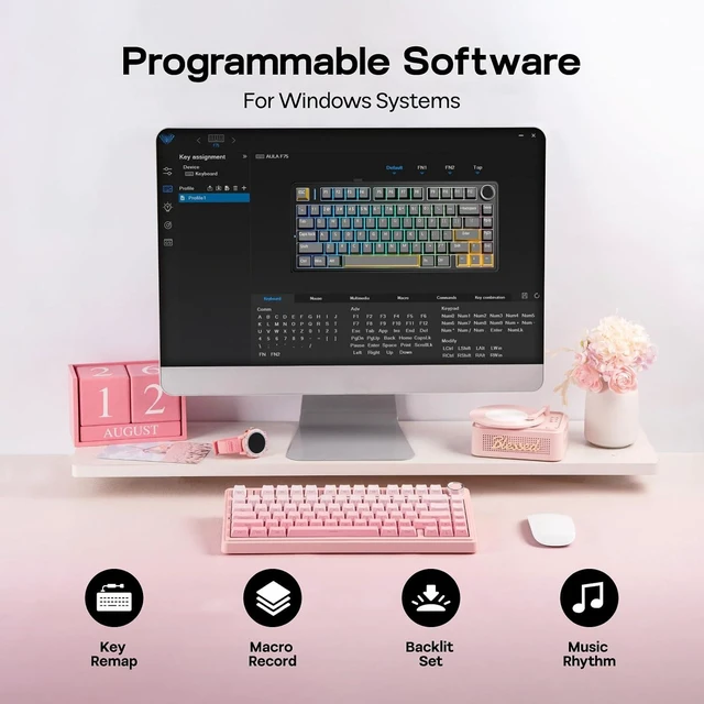 Alt view image 6 of 7 - X Aula F75 75% Wireless Gaming Keyboard, BT/2.4GHz/USB-C, Hot Swappable Creamy Mechanical Keyboard with 5-Layer Padding&Knob, NKRO, RGB (Pink)
