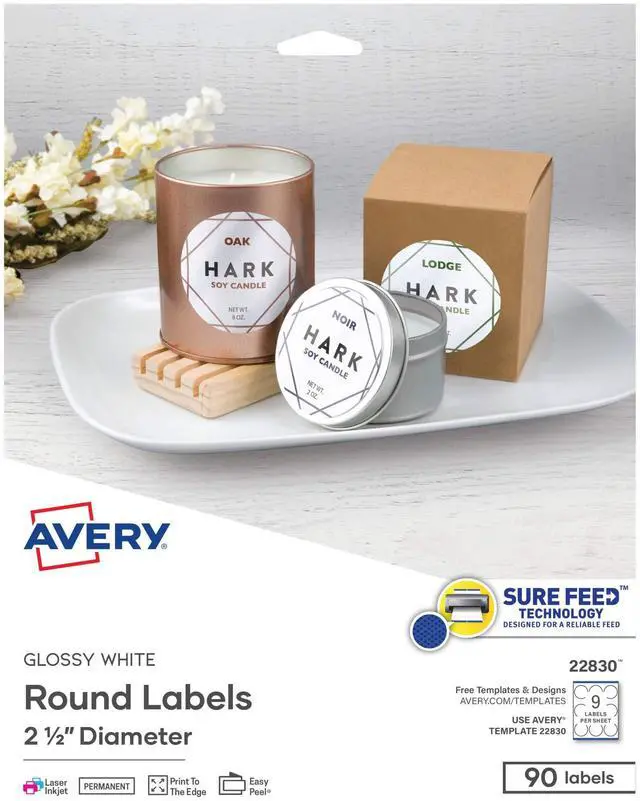 Main image of Printable Round Labels with Sure Feed, 2.5" Diameter, Glossy White, 450 Customizable Labels (22830)