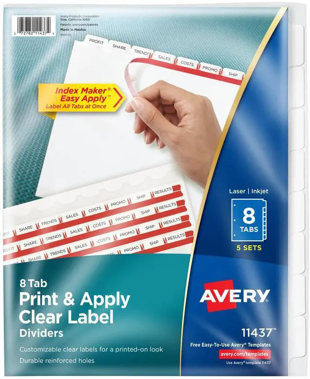 Main image of Index Maker Clear Label Dividers, 8-Tab, White, 5 Sets | For Organizing Binders and Presentations, Laser & Inkjet Printable, Easy Apply Clear Labels, Reinforced Tear-Resistant Tabs