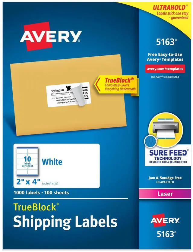 Main image of ® Printable Shipping Labels, Sure Feed® Technology, 2" x 4" Customizable Stickers, White, 1,000 Blank Mailing Labels, Great for Mailing, Shipping, and More (5163)