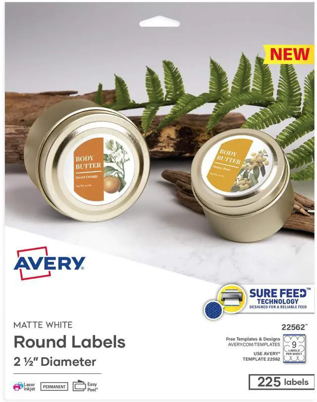 Main image of Printable Blank Round Labels, 2.5" Diameter, Matte White, 225 Customizable Labels (22562)