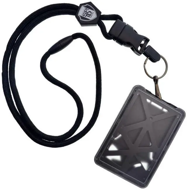 Main image of 5 Pack - Vertical Top Load Three Card Badge Holder - Hard Plastic with Heavy Duty Breakaway Lanyard w Quick Release Metal Clip & Key Ring - Holds 3 ID Cards Inside (Black)
