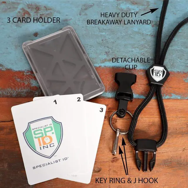 Alt view image 5 of 7 - 5 Pack - Vertical Top Load Three Card Badge Holder - Hard Plastic with Heavy Duty Breakaway Lanyard w Quick Release Metal Clip & Key Ring - Holds 3 ID Cards Inside (Black)