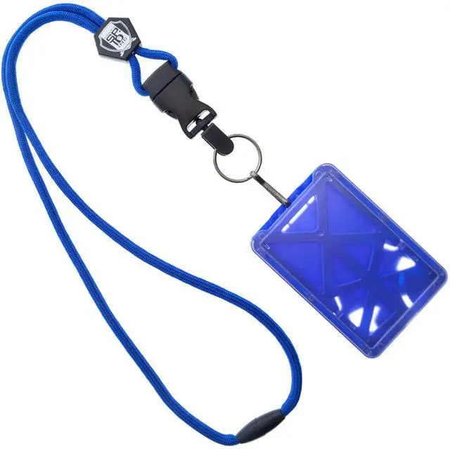 Main image of Bulk 25 Pack - Vertical Top Load Three Card Badge Holder - Hard Plastic with Heavy Duty Breakaway Lanyard w Quick Release Metal Clip & Key Ring - Holds 3 ID Cards Inside (Blue)
