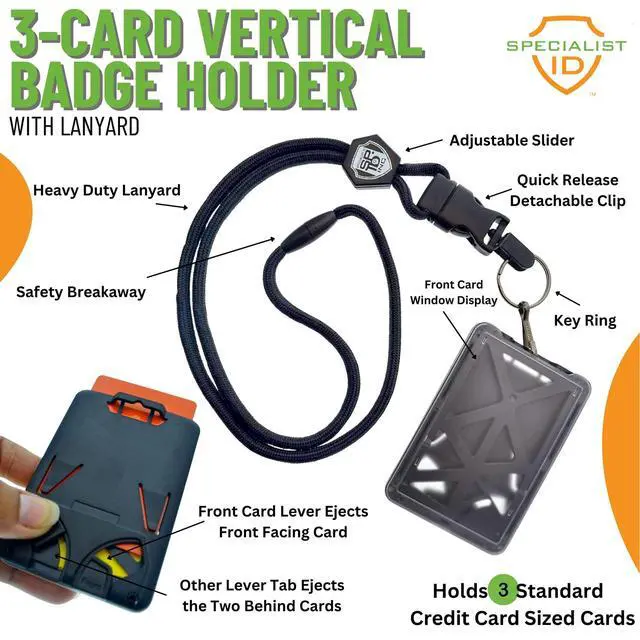 Alt view image 2 of 7 - Bulk 25 Pack - Vertical Top Load Three Card Badge Holder - Hard Plastic with Heavy Duty Breakaway Lanyard w Quick Release Metal Clip & Key Ring - Holds 3 ID Cards Inside (Blue)