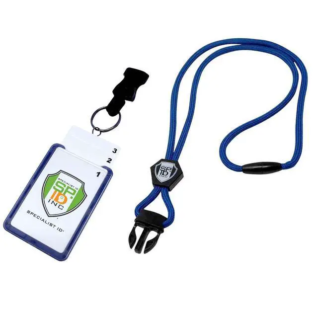 Alt view image 6 of 7 - Bulk 25 Pack - Vertical Top Load Three Card Badge Holder - Hard Plastic with Heavy Duty Breakaway Lanyard w Quick Release Metal Clip & Key Ring - Holds 3 ID Cards Inside (Blue)