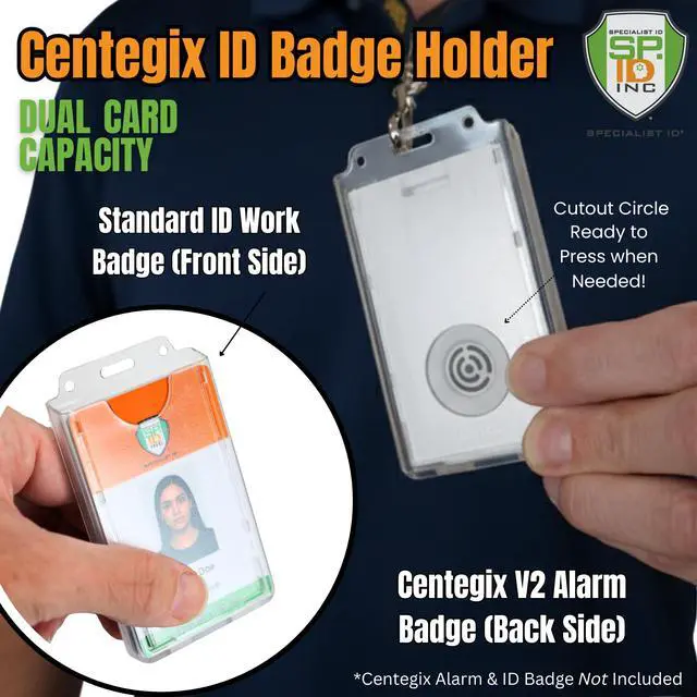 Alt view image 3 of 7 - Bulk 20 Pack - Centegix Badge Holder with Hole for Teachers - Holds 1 School ID & 1 Centegix V2 CrisisAlert Alarm Badge - Heavy Duty Polycarbonate Clear Vertical Display, Recessed Hole