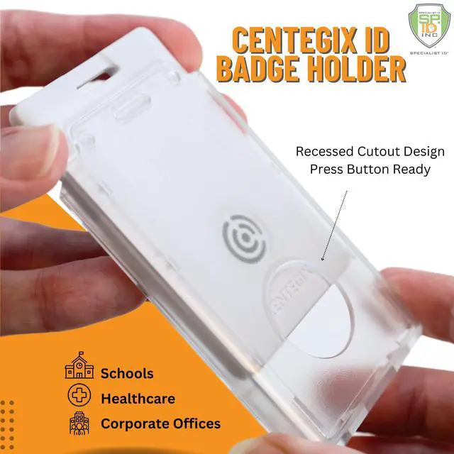 Alt view image 4 of 7 - Bulk 20 Pack - Centegix Badge Holder with Hole for Teachers - Holds 1 School ID & 1 Centegix V2 CrisisAlert Alarm Badge - Heavy Duty Polycarbonate Clear Vertical Display, Recessed Hole