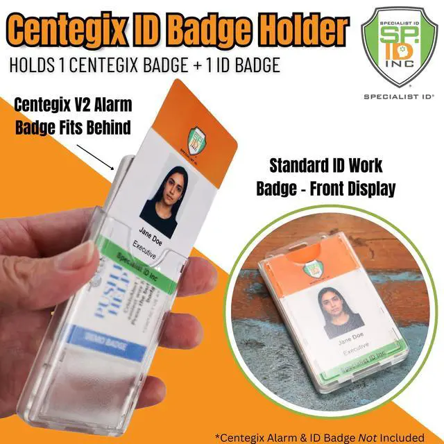 Alt view image 2 of 7 - Bulk 20 Pack - Centegix Badge Holder with Hole for Teachers - Holds 1 School ID & 1 Centegix V2 CrisisAlert Alarm Badge - Heavy Duty Polycarbonate Clear Vertical Display, Recessed Hole