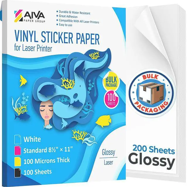 Main image of Printable Vinyl Sticker Paper for Laser Printer - Glossy White - 200 Self-Adhesive Sheets - Waterproof Decal Paper - Standard Letter Size 8.5"x11"