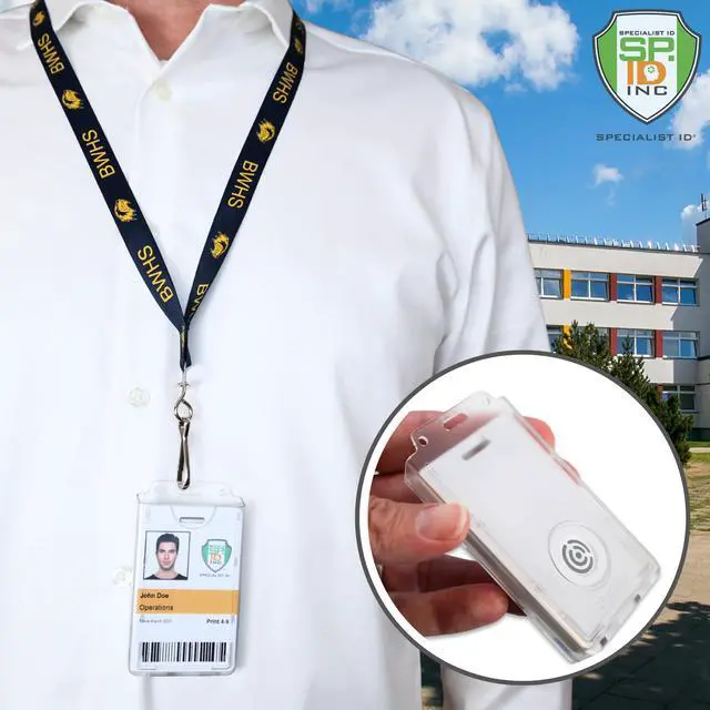 Alt view image 6 of 7 - Bulk 20 Pack - Centegix Badge Holder with Hole for Teachers - Holds 1 School ID & 1 Centegix V2 CrisisAlert Alarm Badge - Heavy Duty Polycarbonate Clear Vertical Display, Recessed Hole